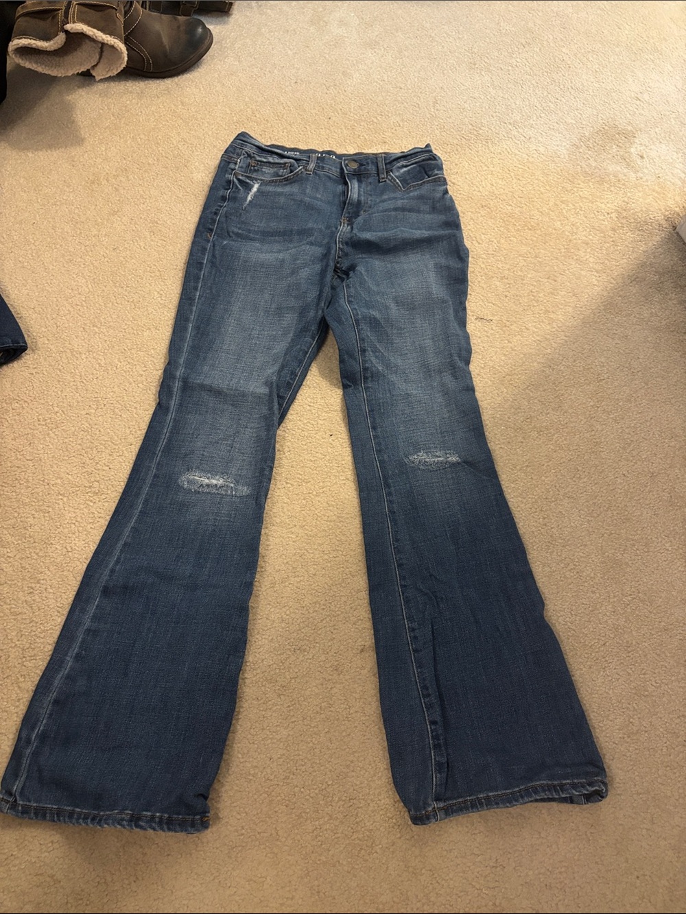 a.n.a Dark Blue Flare Jeans with Knee Whisker Distress